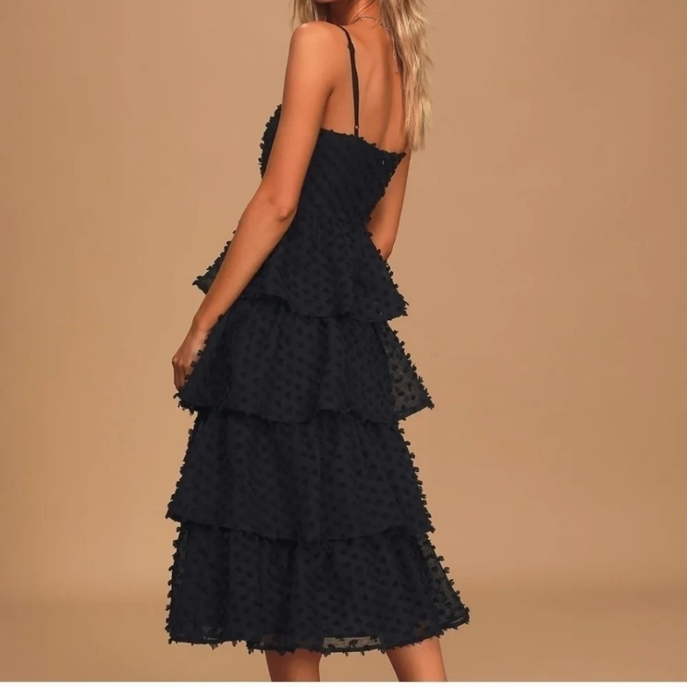 Lulu's Women's Flirting with You Black Tiered Pom Pom Midi Dress Size Small NWT - Picture 13 of 13